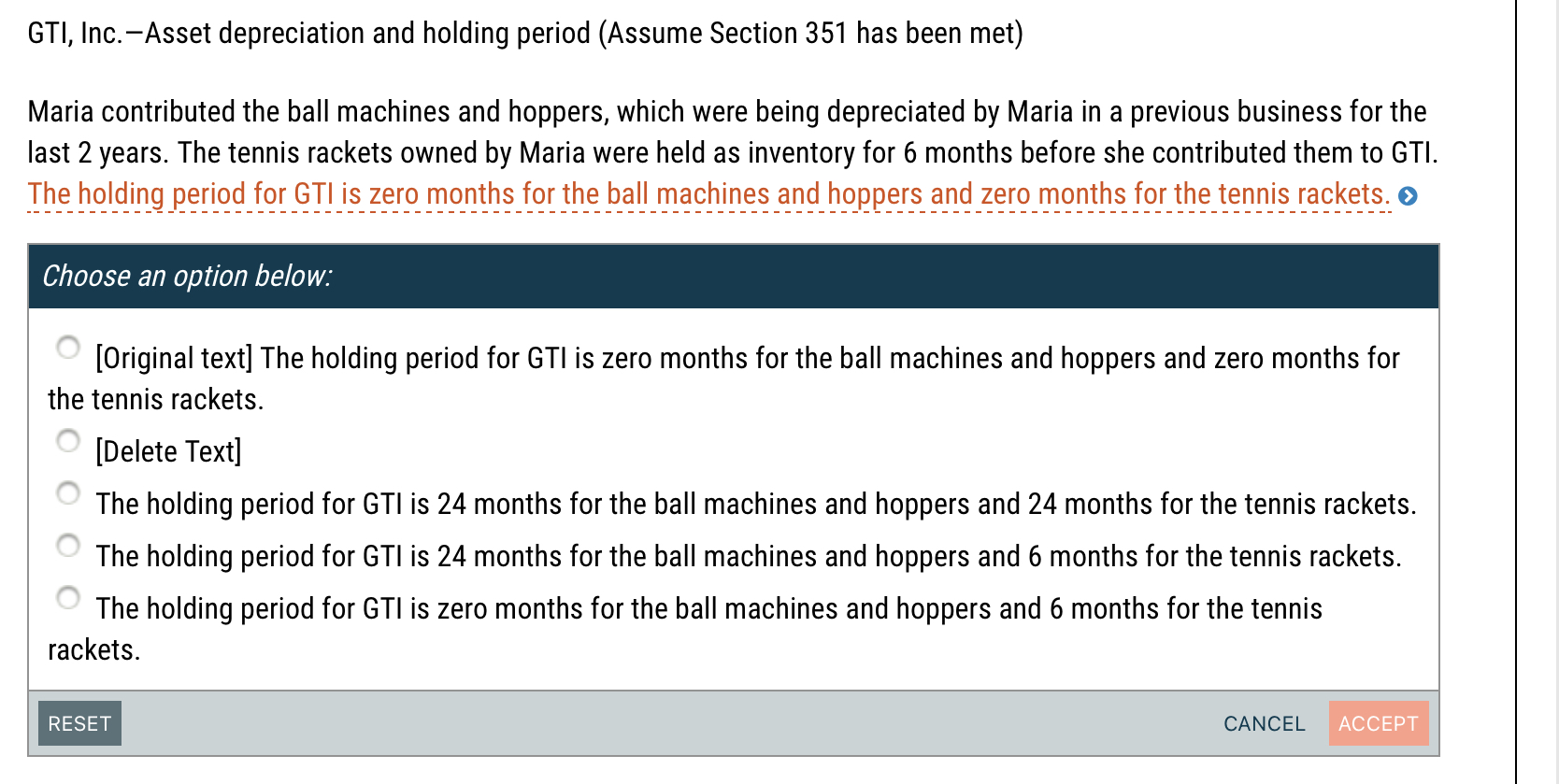 GTI, Inc.-Asset depreciation and holding period (Assume Section 351 has been met) Maria contributed the ball