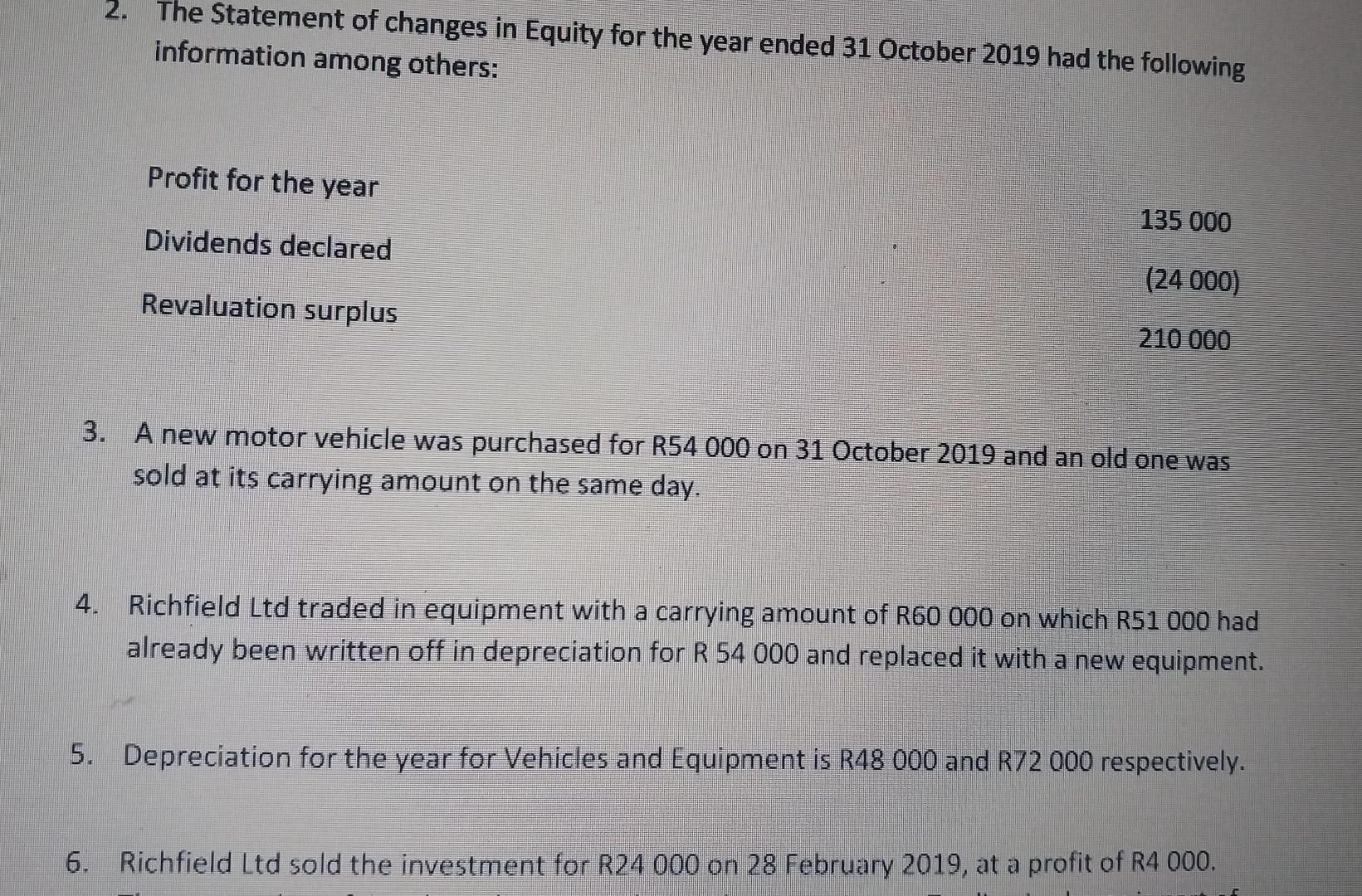 2. The Statement of changes in Equity for the year ended 31 October 2019 had the following information among