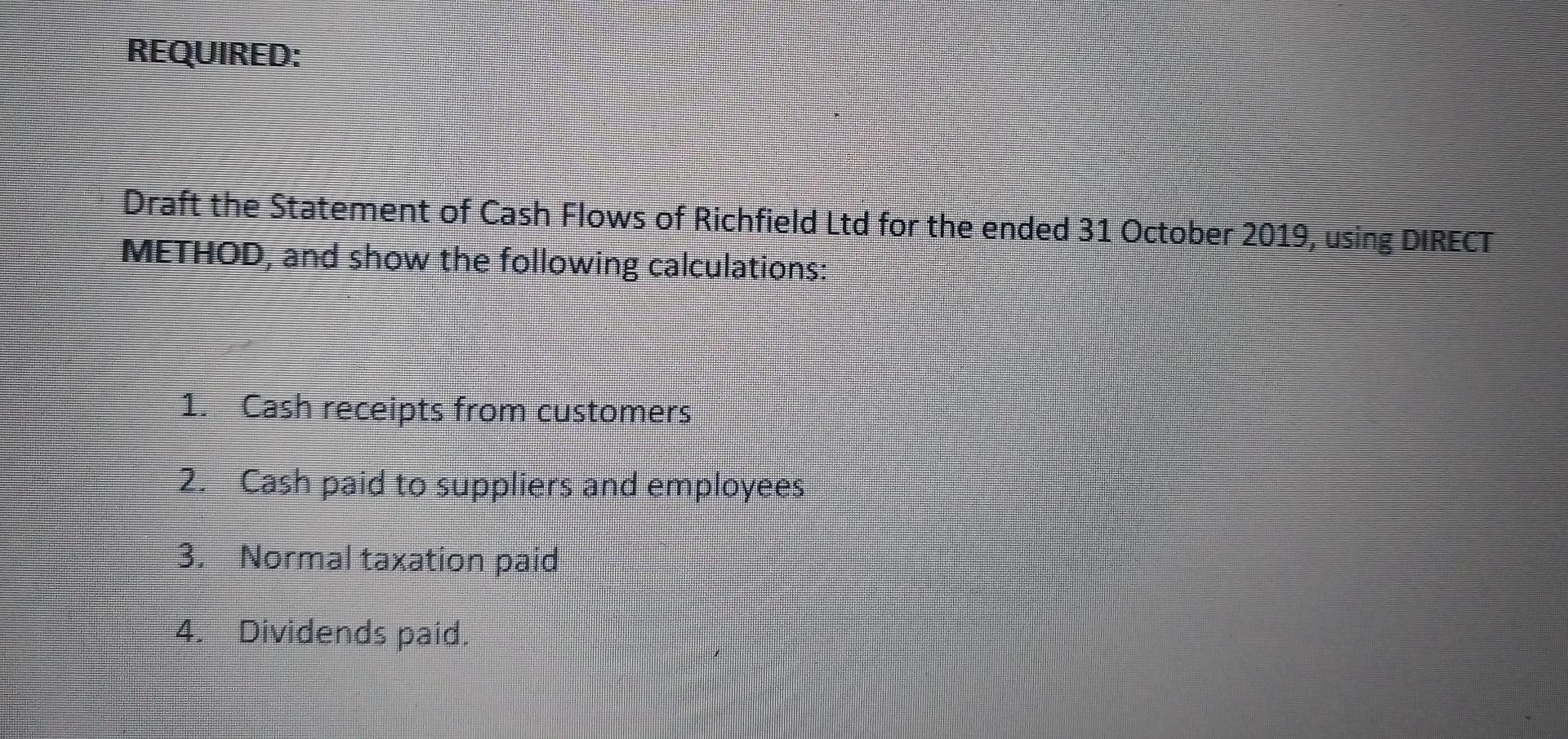 REQUIRED: Draft the Statement of Cash Flows of Richfield Ltd for the ended 31 October 2019, using DIRECT