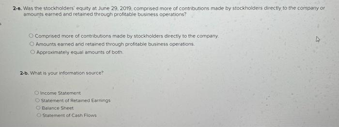 2-6. Was the stockholders' equity at June 29, 2019, comprised more of contributions made by stockholders
