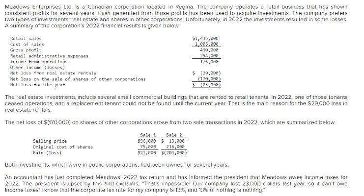 Meadows Enterprises Ltd. is a Canadian corporation located in Regina. The company operates a retail business