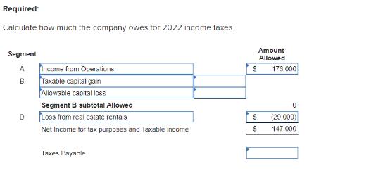 Required: Calculate how much the company owes for 2022 income taxes. Segment A B D Income from Operations