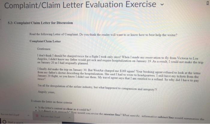 Complaint/Claim Letter Evaluation Exercise 5.2: Complaint Claim Letter for Discussion be con tal p Starta V