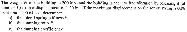 The weight W of the building is 200 kips and the building is set into free vibration by releasing it (at time