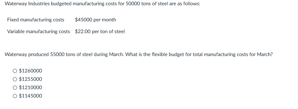 Waterway Industries budgeted manufacturing costs for 50000 tons of steel are as follows: Fixed manufacturing