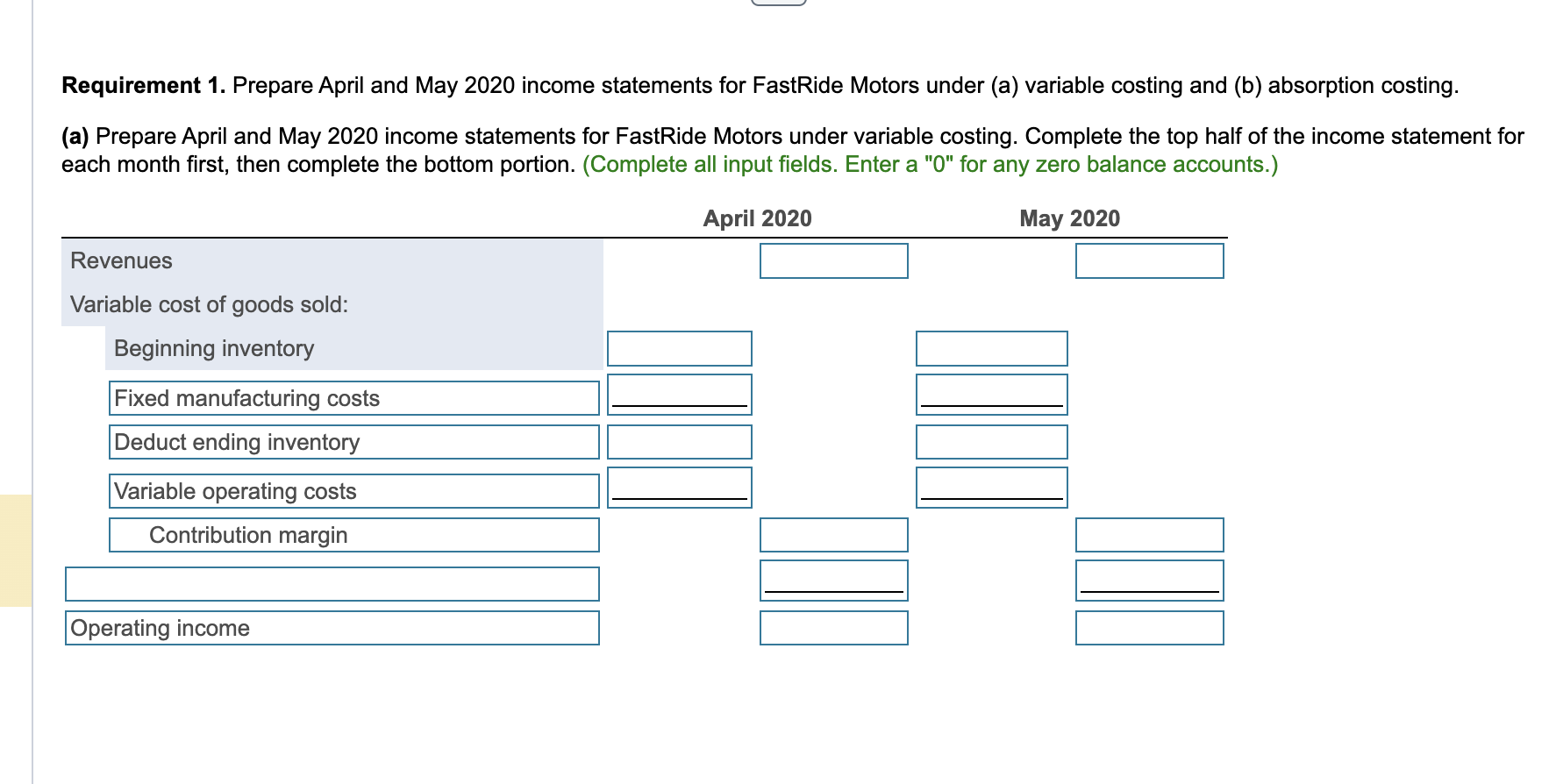 Requirement 1. Prepare April and May 2020 income statements for FastRide Motors under (a) variable costing