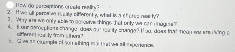 How do perceptions create reality? 2. If we all perceive reality differently, what is a shared reality? 3.