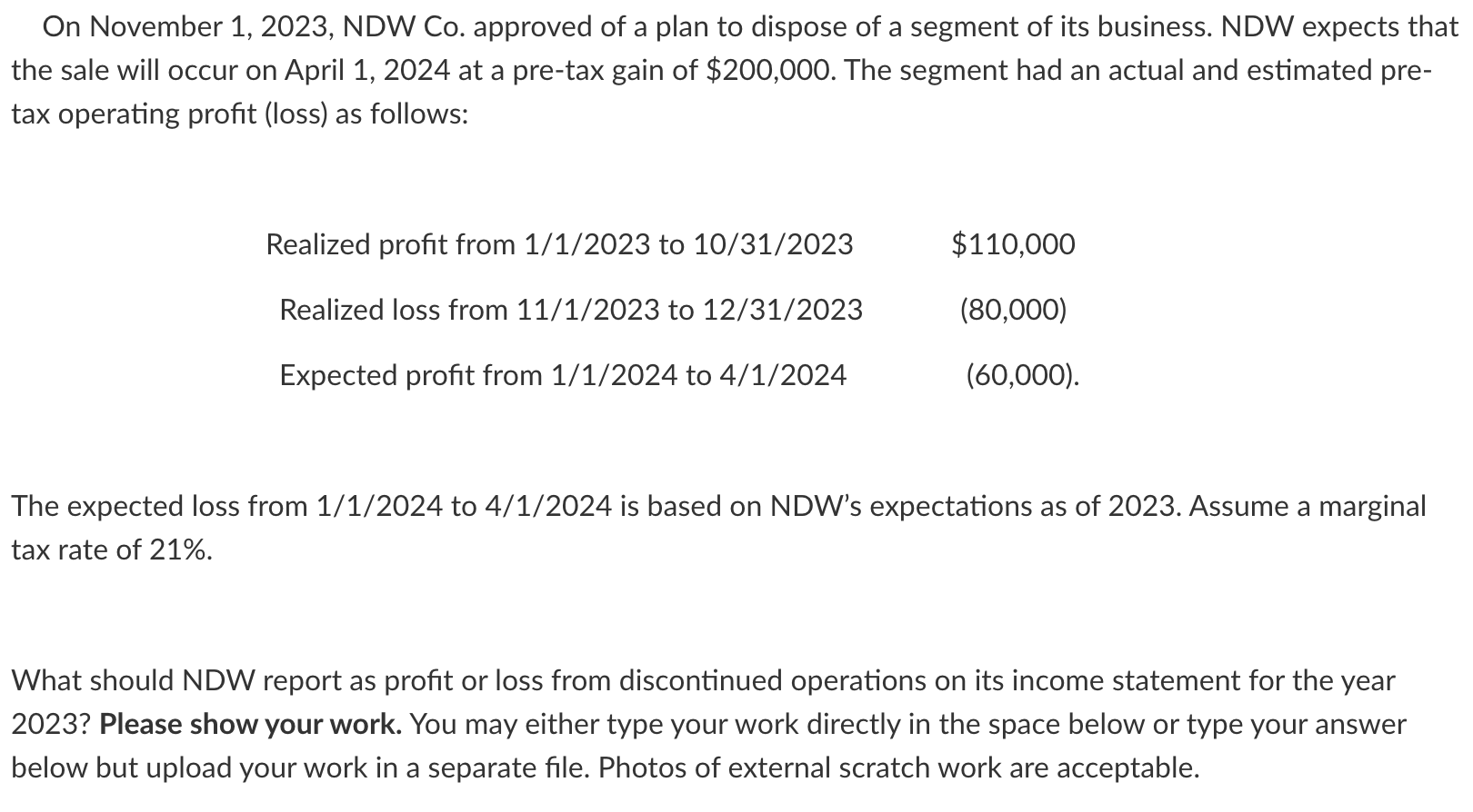 On November 1, 2023, NDW Co. approved of a plan to dispose of a segment of its business. NDW expects that the