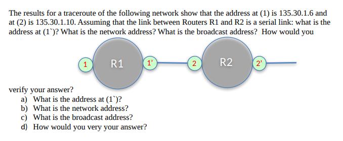 The results for a traceroute of the following network show that the address at (1) is 135.30.1.6 and at (2)