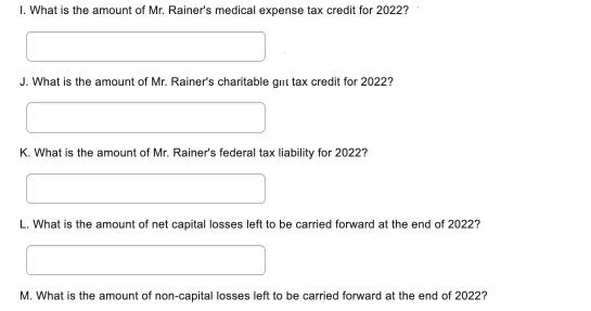 1. What is the amount of Mr. Rainer's medical expense tax credit for 2022? J. What is the amount of Mr.