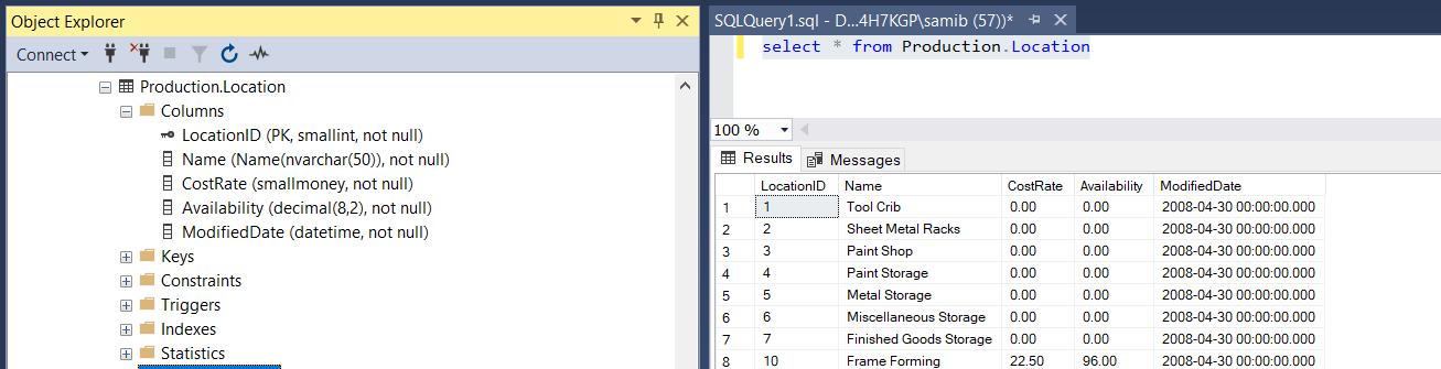 Object Explorer Connect #Y e Production.Location Columns To LocationID (PK, smallint, not null) Name