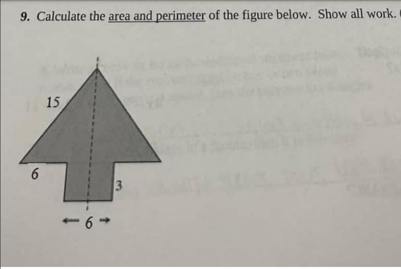 9. Calculate the area and perimeter of the figure below. Show all work. 6 15 6 3