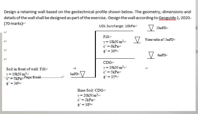 Design-a-retaining wall based on the geotechnical profile shown below. The geometry, dimensions-and- details