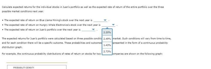 Calculate expected returns for the individual stocks in Juan's portfolio as well as the expected rate of