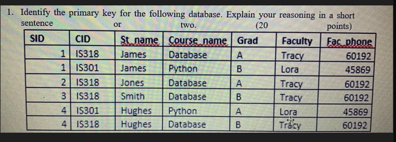 1. Identify the primary key for the following database. Explain your reasoning in a short sentence or (20