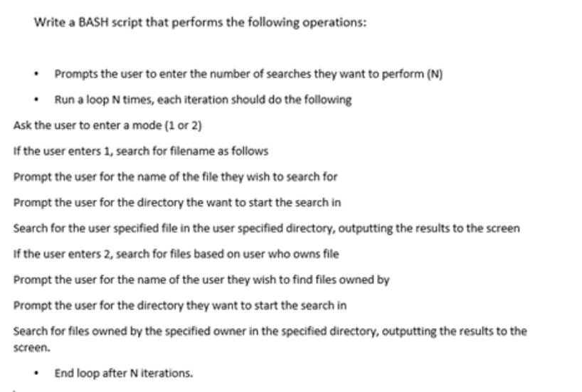 Write a BASH script that performs the following operations: Prompts the user to enter the number of searches