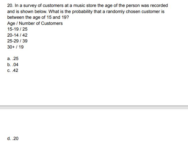 20. In a survey of customers at a music store the age of the person was recorded and is shown below. What is