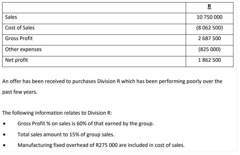 Sales Cost of Sales Gross Profit Other expenses Net profit An offer has been received to purchases Division R