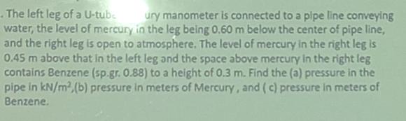 The left leg of a U-tube ury manometer is connected to a pipe line conveying water, the level of mercury in