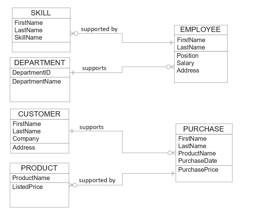 SKILL FirstName LastName SkillName DEPARTMENT DepartmentID DepartmentName CUSTOMER FirstName LastName Company