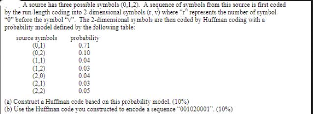 A source has three possible symbols (0,1,2). A sequence of symbols from this source is first coded by the