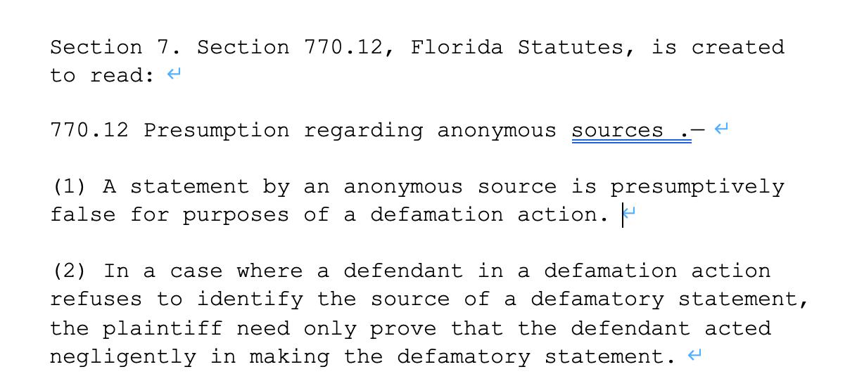 Section 7. Section 770.12, Florida Statutes, is created to read: < 770.12 Presumption regarding anonymous