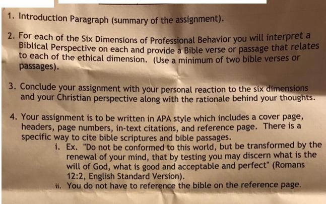 1. Introduction Paragraph (summary of the assignment). 2. For each of the Six Dimensions of Professional