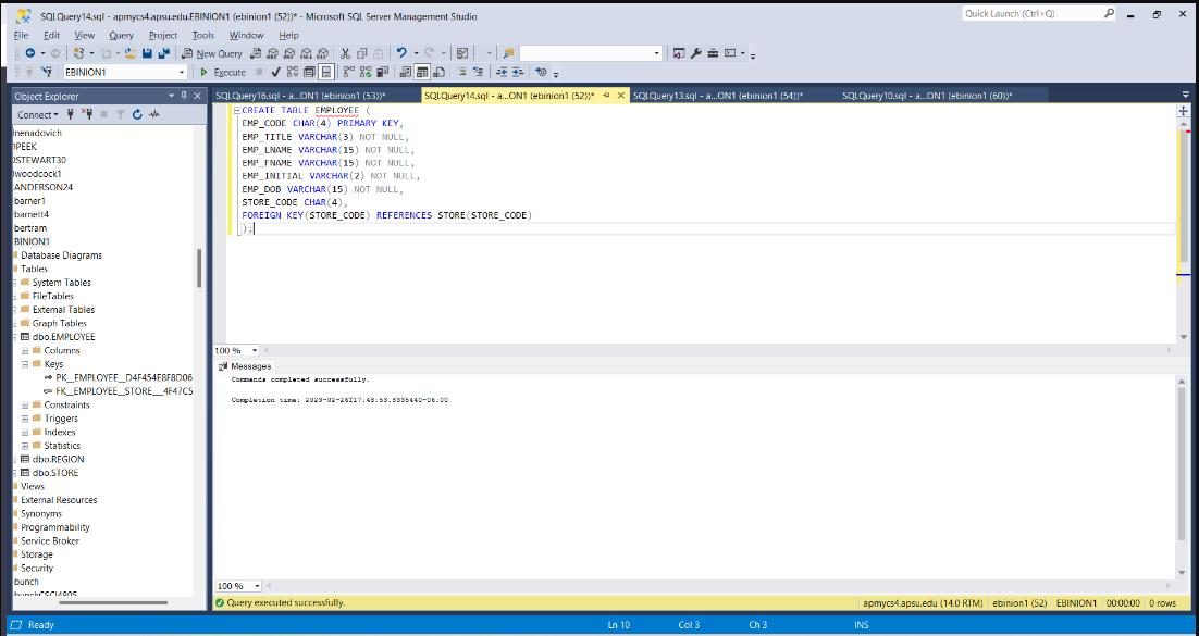 SQL Query14.sql - apmycs4.apsu.edu.EBINION1 (ebinion1 (52))*- Microsoft SQL Server Management Studio Eile