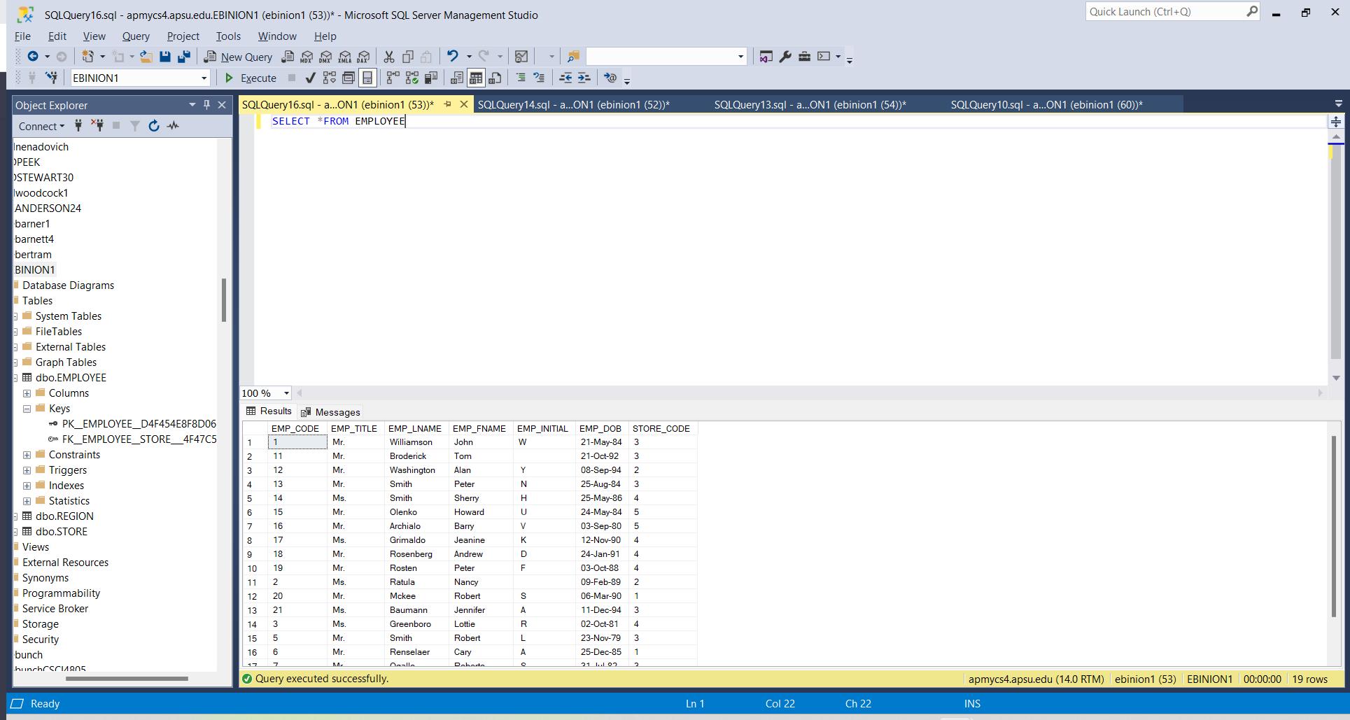 SQLQuery16.sql - apmycs4.apsu.edu.EBINION1 (ebinion1 (53))* - Microsoft SQL Server Management Studio File