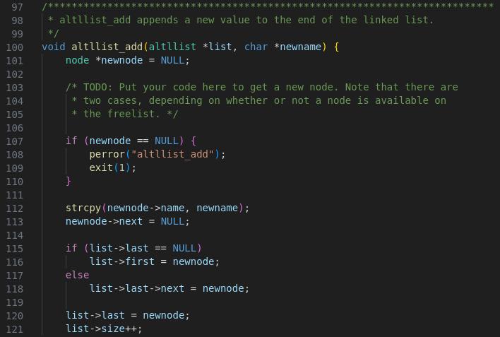 97 98 99 100 void altllist_add (altllist *list, char *newname) { 101 node *newnode = NULL; 102 103 104 105