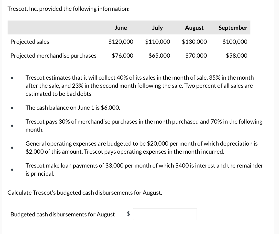 Trescot, Inc. provided the following information: Projected sales Projected merchandise purchases  June