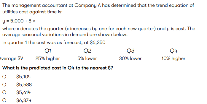 The management accountant at Company A has determined that the trend equation of utilities cost against time