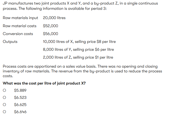 JP manufactures two joint products X and Y, and a by-product Z, in a single continuous process. The following