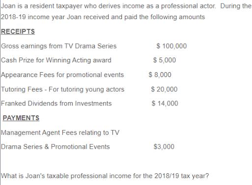 Joan is a resident taxpayer who derives income as a professional actor. During the 2018-19 income year Joan