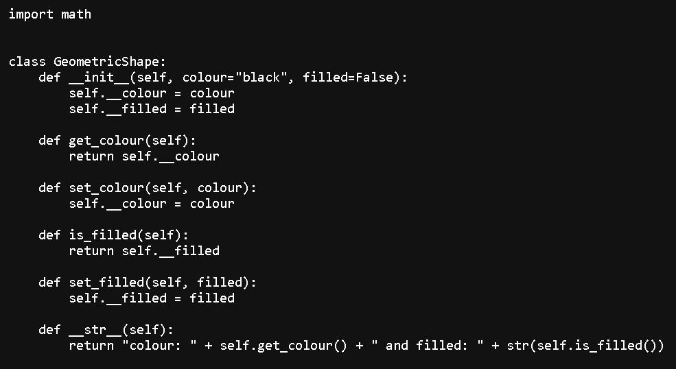import math class GeometricShape: def __init__(self, colour=