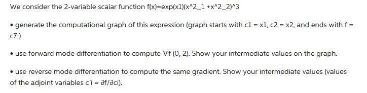 We consider the 2-variable scalar function f(x)=exp(x1)(x^2_1 +x^2_2)^3  generate the computational graph of
