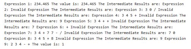 Expression 1: 234.465 The value is: 234.465 The Intermediate Results are: Expression 2: Invalid Expression