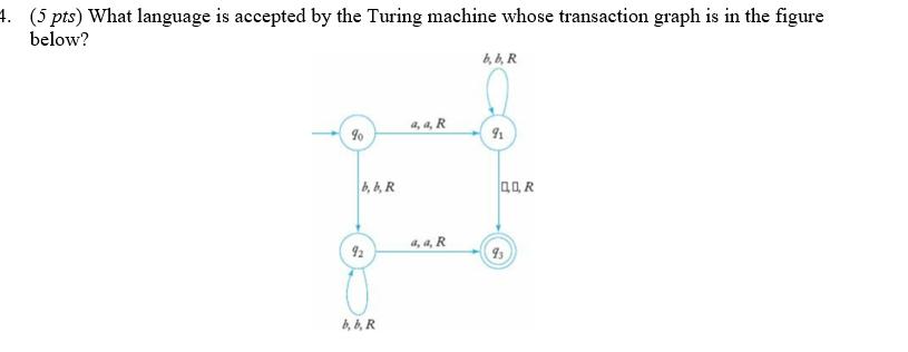 4. (5 pts) What language is accepted by the Turing machine whose transaction graph is in the figure below? 90