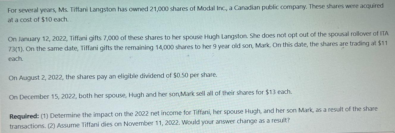 For several years, Ms. Tiffani Langston has owned 21,000 shares of Modal Inc., a Canadian public company.