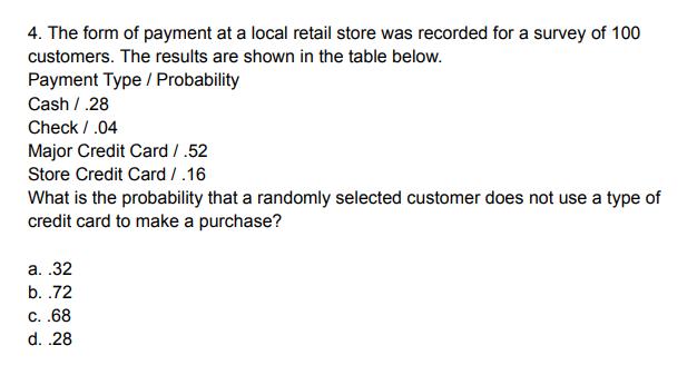 4. The form of payment at a local retail store was recorded for a survey of 100 customers. The results are