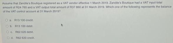 Assume that Zandile's Boutique registered as a VAT vendor effective 1 March 2019. Zandile's Boutique had a