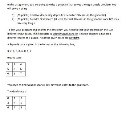 In this assignment, you are going to write a program that solves the eight puzzle problem. You will solve it