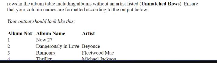 rows in the album table including albums without an artist listed (Unmatched Rows). Ensure that your column