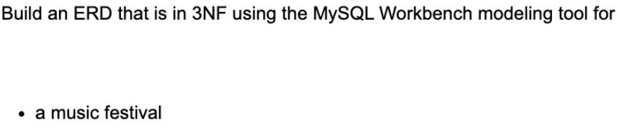Build an ERD that is in 3NF using the MySQL Workbench modeling tool for  a music festival