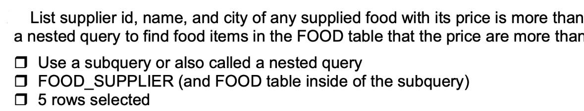 List supplier id, name, and city of any supplied food with its price is more than a nested query to find food