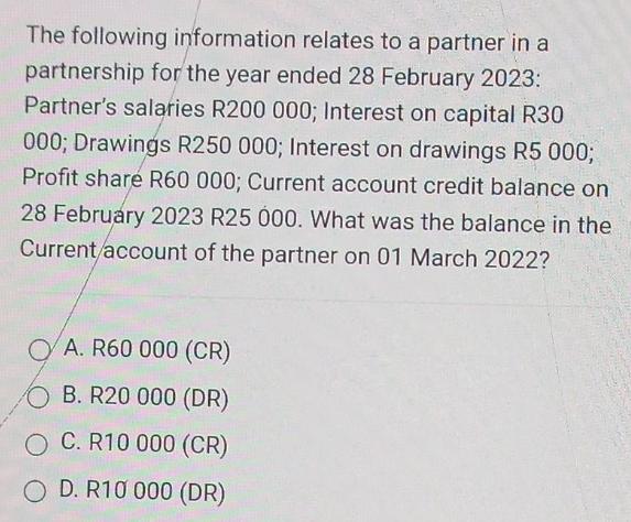 The following information relates to a partner in a partnership for the year ended 28 February 2023: