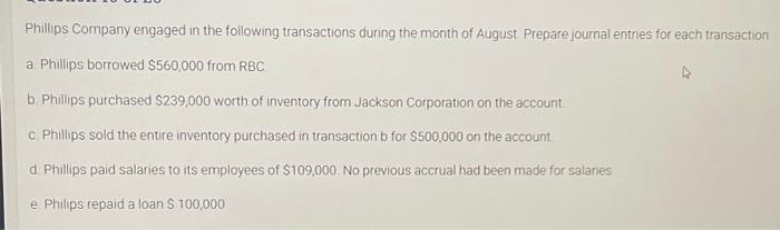 Phillips Company engaged in the following transactions during the month of August Prepare journal entries for