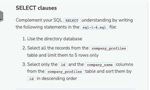 SELECT clauses Complement your SQL SELECT understanding by writing the following statements in the