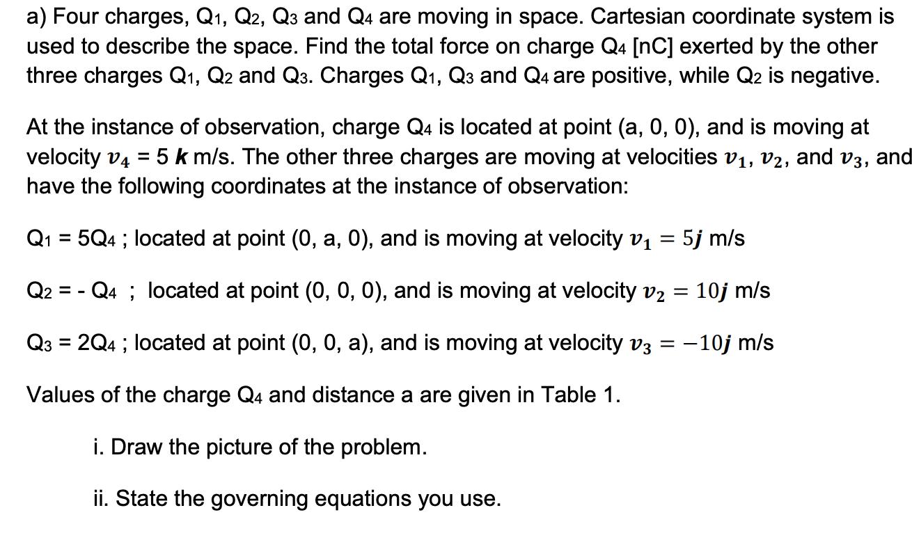 a) Four charges, Q, Q2, Q3 and Q4 are moving in space. Cartesian coordinate system is used to describe the