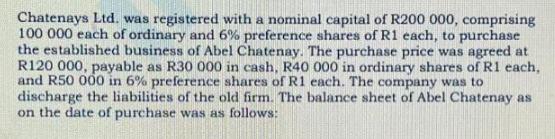 Chatenays Ltd. was registered with a nominal capital of R200 000, comprising 100 000 each of ordinary and 6%